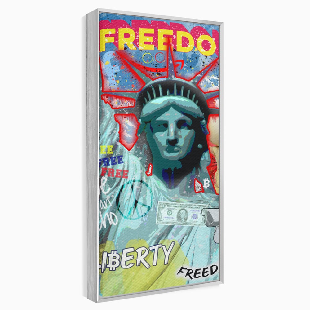 Tablou canvas cu tablou canvas cu statuia libertatii si graffiti, in rama de aluminiu argintiu
